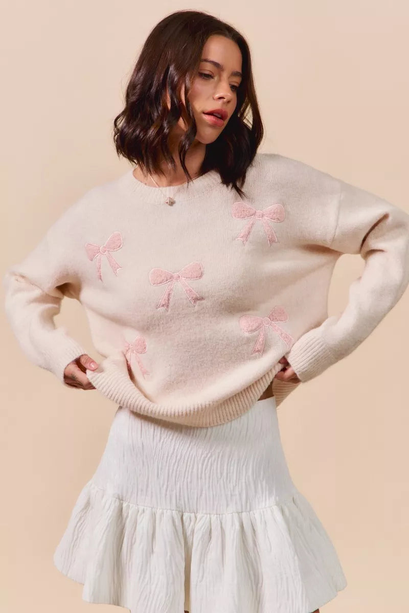 SO ME Embroidered Ribbon Round Neck Sweater - SwagglyLife Home & Fashion