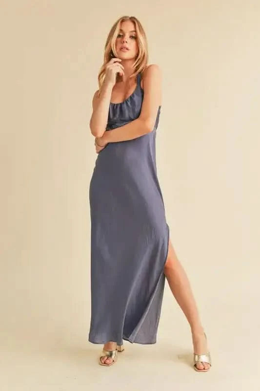Aemi + Co Ruched Side Slit Cutout Back Maxi Cami Dress in Hazy Lilac - photo
