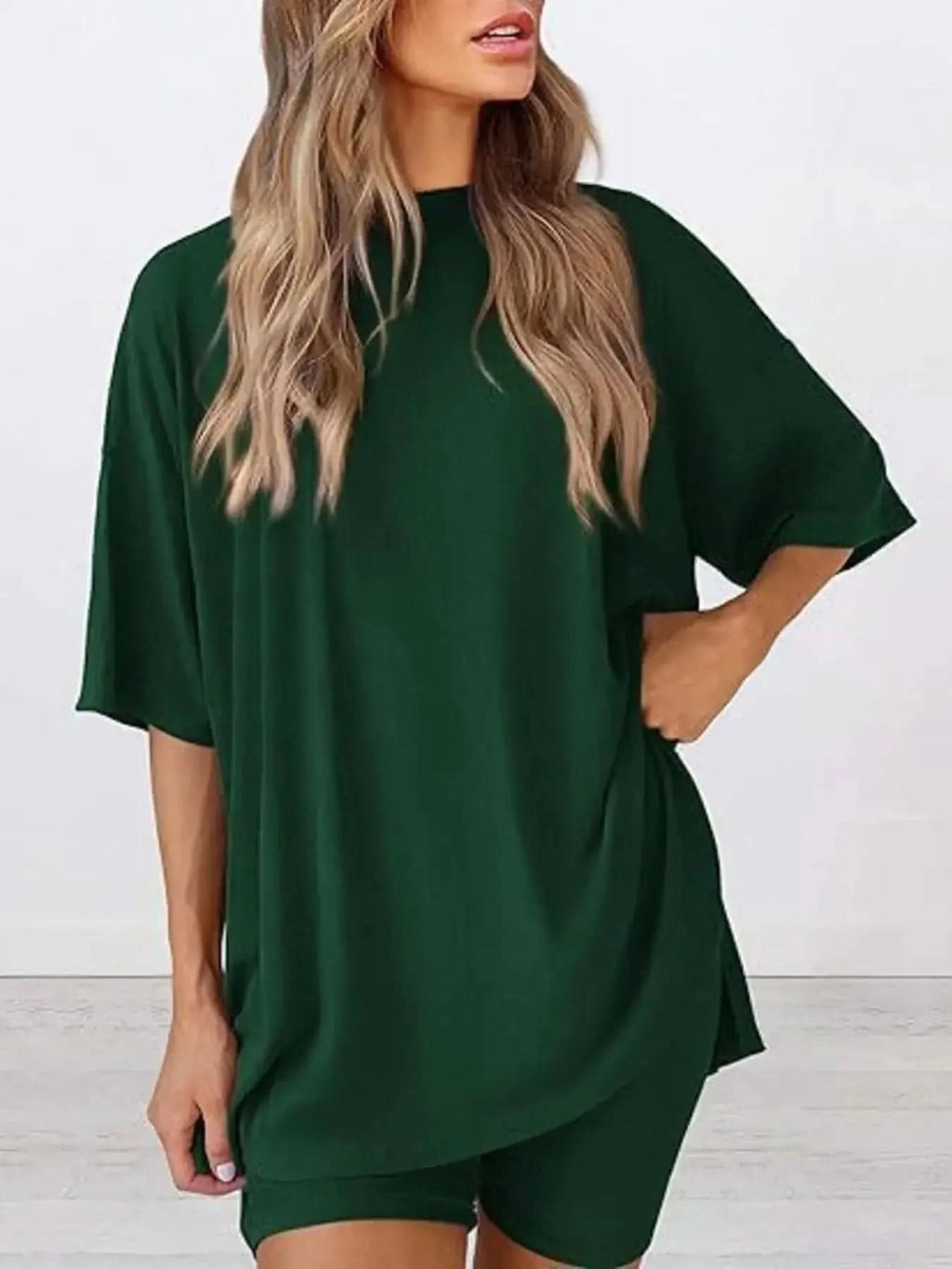 Full Size Oversized Slit Round Neck Top and Shorts Lounge Set Plus Size in Green - photo
