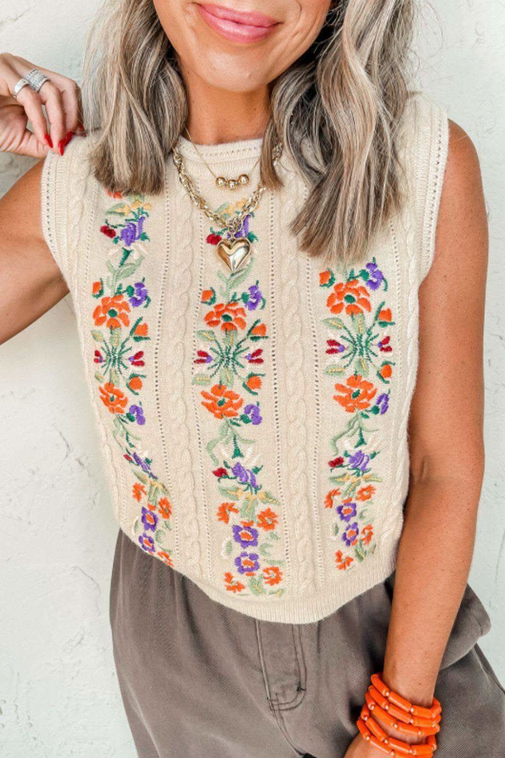Embroidered Cable-Knit Round Neck Sweater Vest in Beige - Sweaters photo