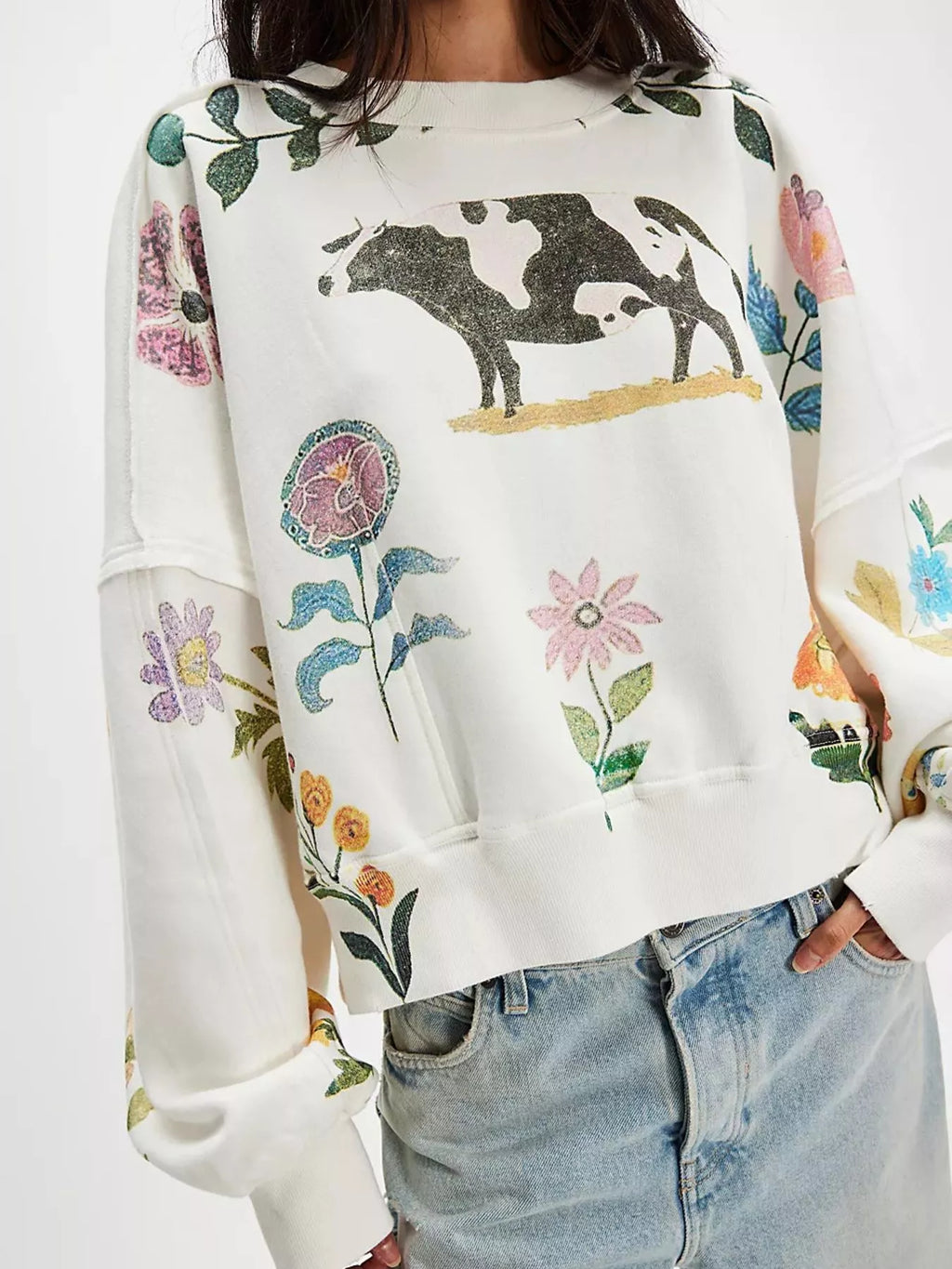 Printed Round Neck Dropped Shoulder Sweatshirt in Multicolor - photo