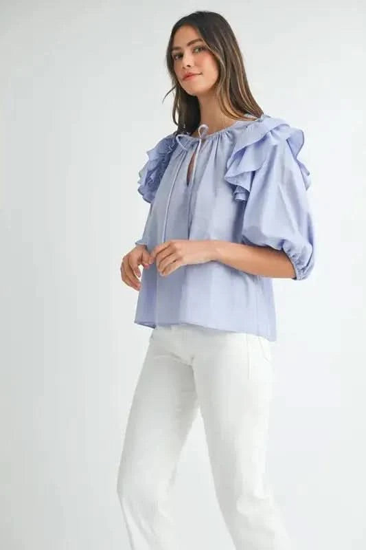 MABLE Stripe Ruffle Shoulder Puff Sleeve Blouse - SwagglyLife Home & Fashion