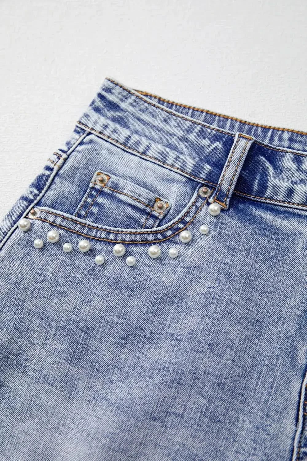 Pearl Studded Pockets Raw Hem Denim Shorts - SwagglyLife Home & Fashion