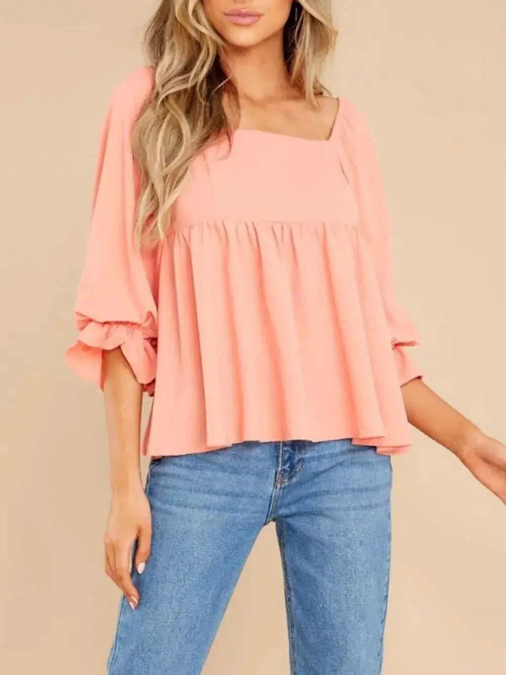 Smocked Square Neck Flounce Sleeve Blouse in - photo