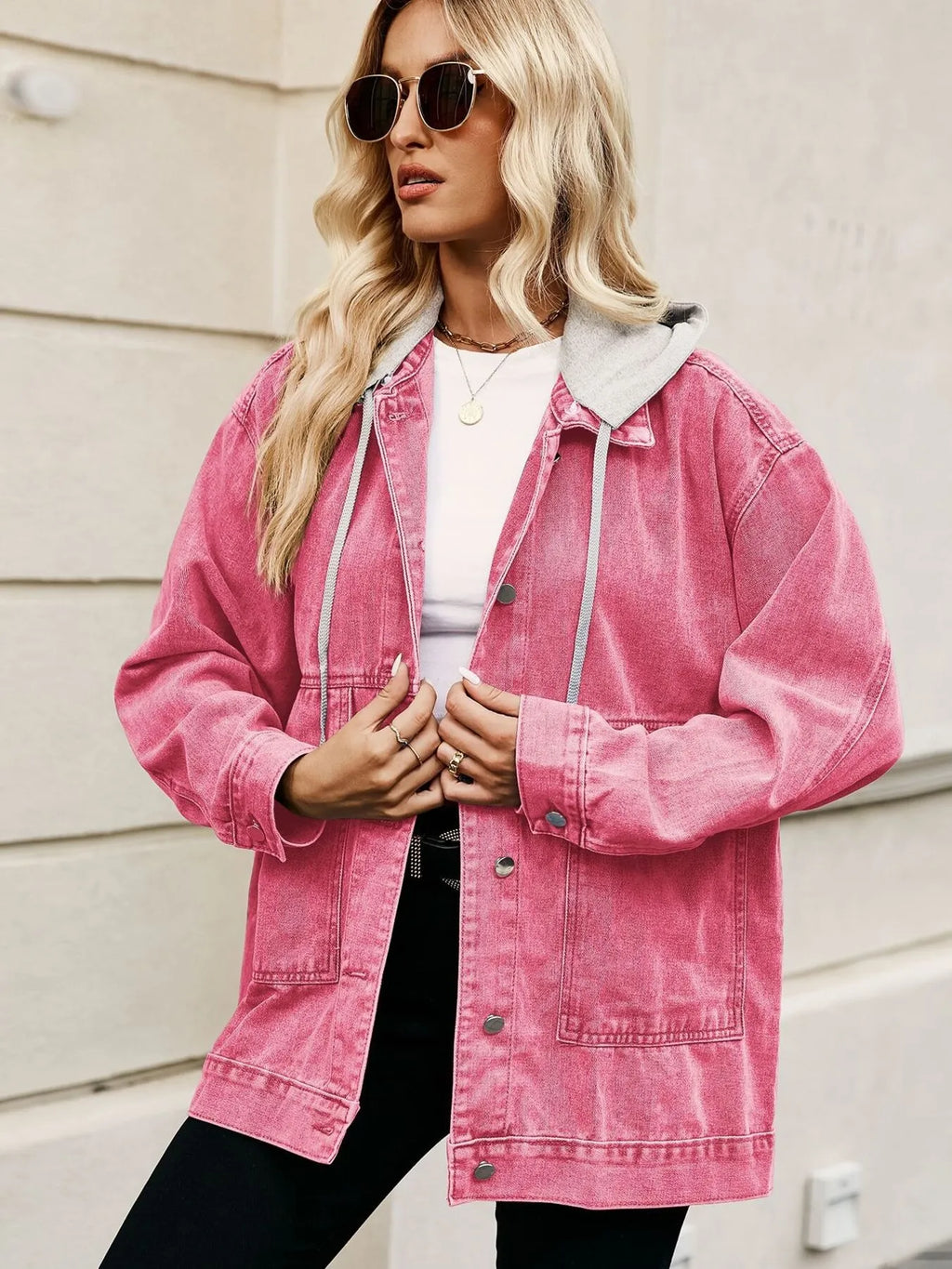 Oversized Button Up Denim Jacket with Hood in Strawberry - photo