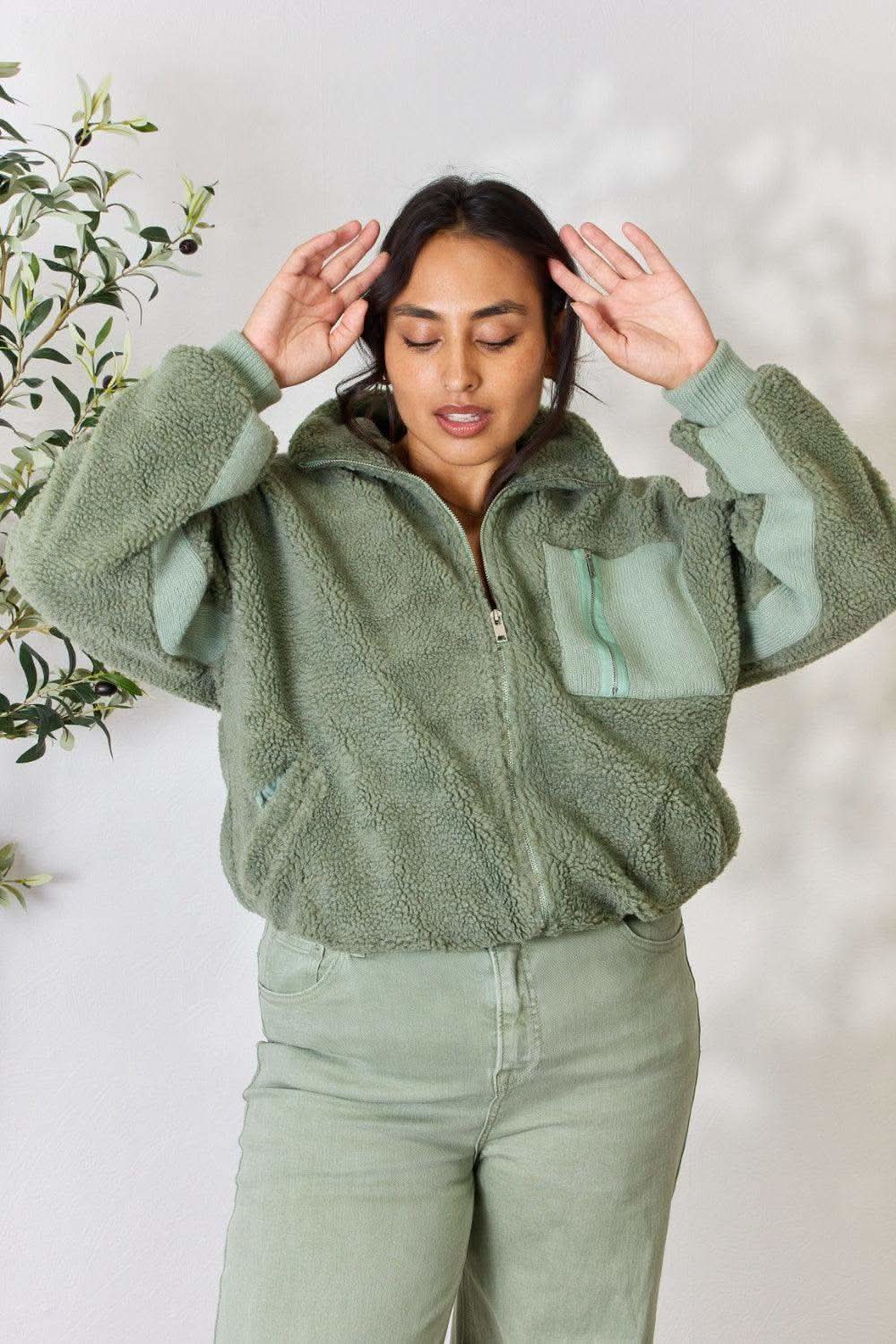 Heimish Full Size Zip Up Collared Neck Jacket in Sage - photo
