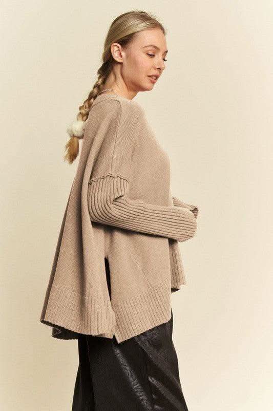 Davi & Dani Ribbed Side Slit V-Neck Sweater in - photo