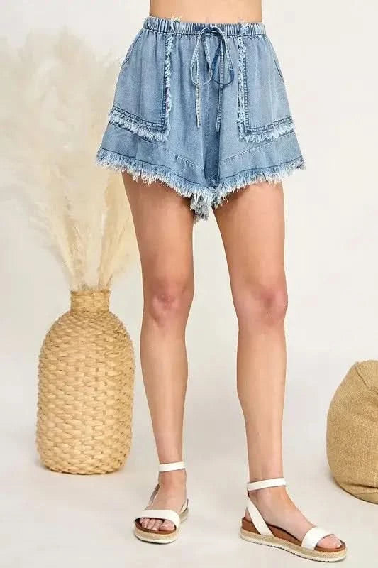 SAGE+FIG Frayed Drawstring Denim Shorts - SwagglyLife Home & Fashion