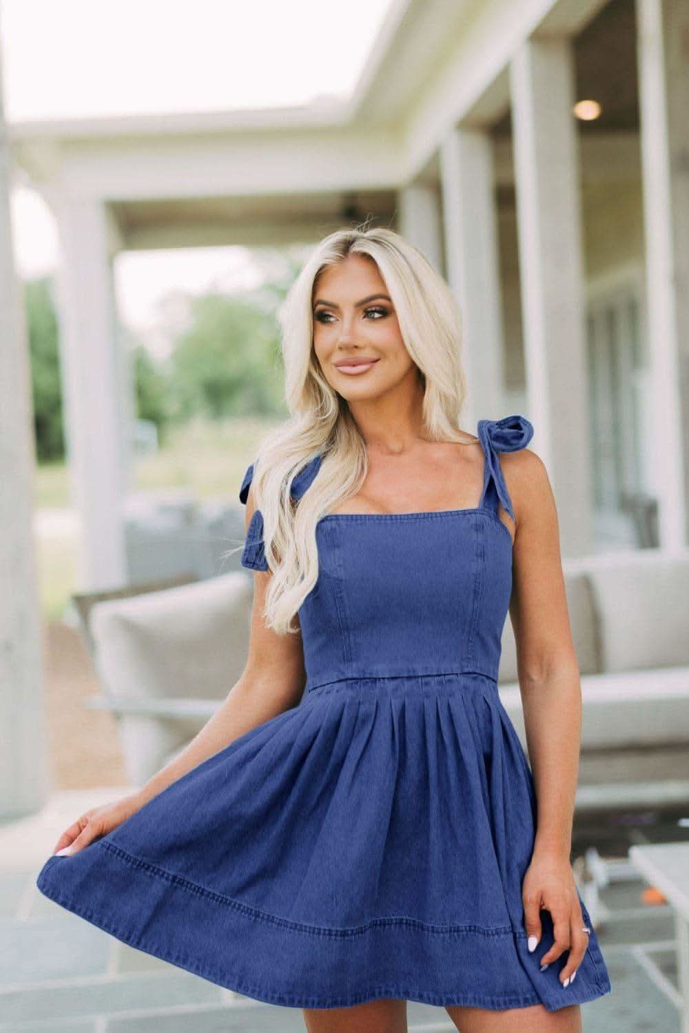 Square Neck Tie Shoulder Denim Dress in - photo