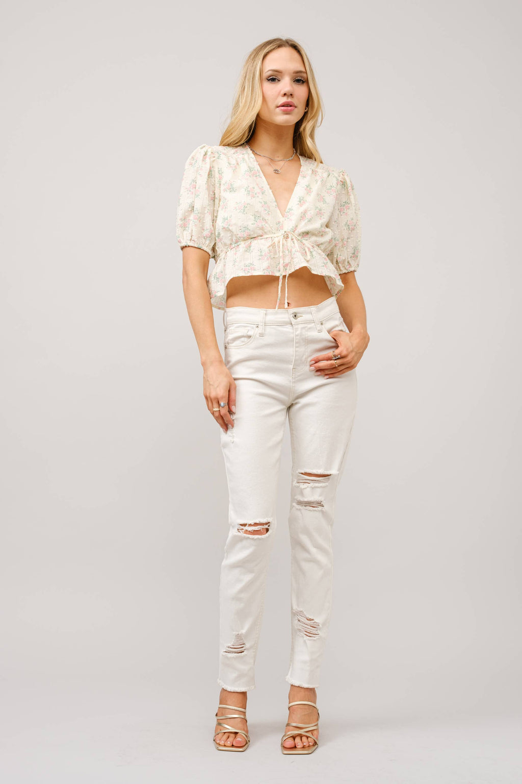 Petticoat Puff Sleeve Tie Front Peplum Top in - photo