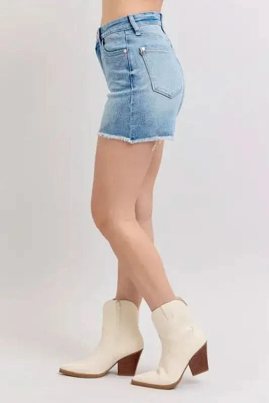 Judy Blue Full Size High Waist Western Embroidery Detail Cut Off Denim Shorts Plus Size in - photo
