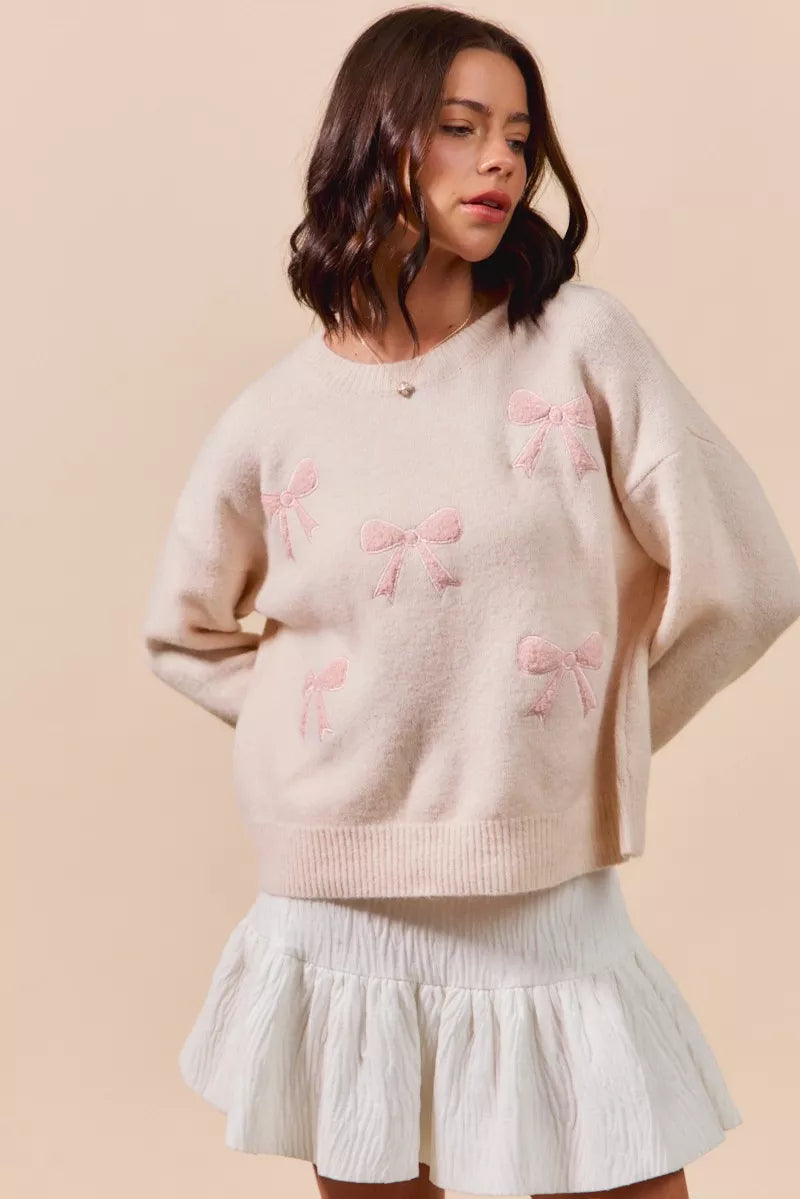 SO ME Embroidered Ribbon Round Neck Sweater - SwagglyLife Home & Fashion
