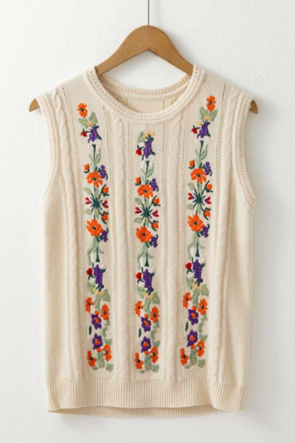 Embroidered Cable-Knit Round Neck Sweater Vest in - Sweaters photo