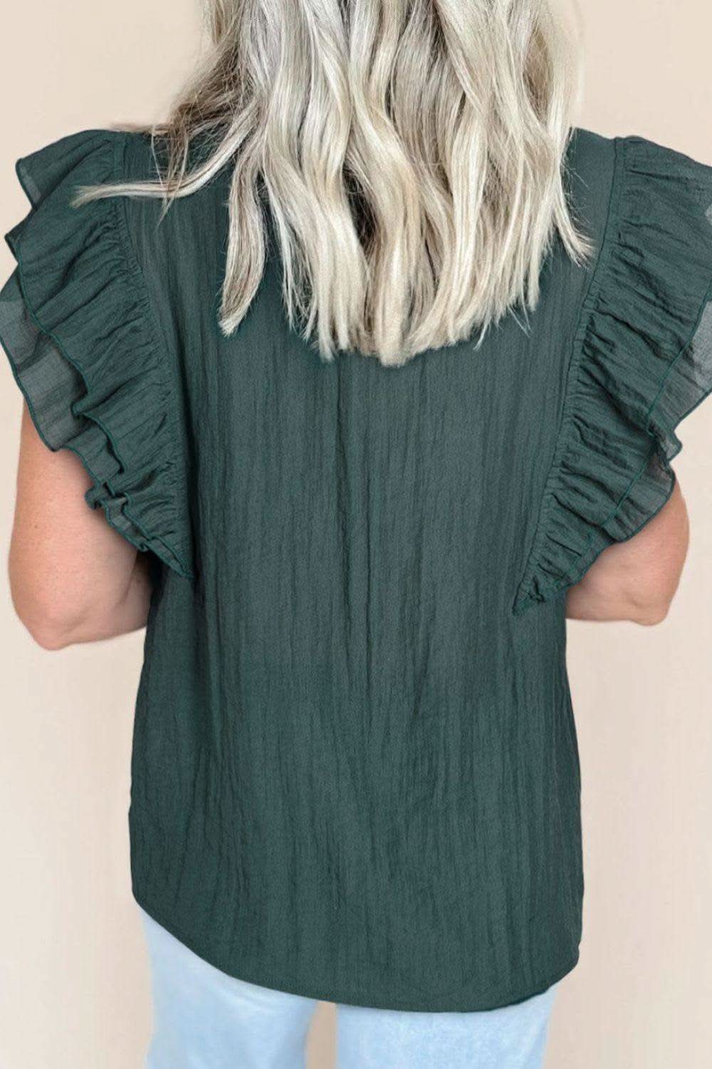 Frilled Notched Ruffled Cap Sleeve Blouse in - tops photo