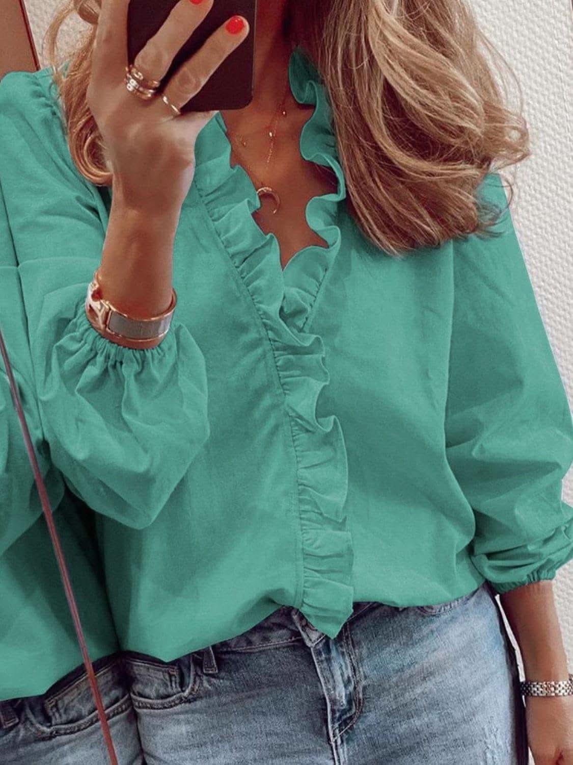 Andrea Full Size Ruffled V-Neck Long Sleeve Blouse - SwagglyLife Home & Fashion Andrea Full Size Ruffled V-Neck Long Sleeve Blouse - SwagglyLife Home & Fashion