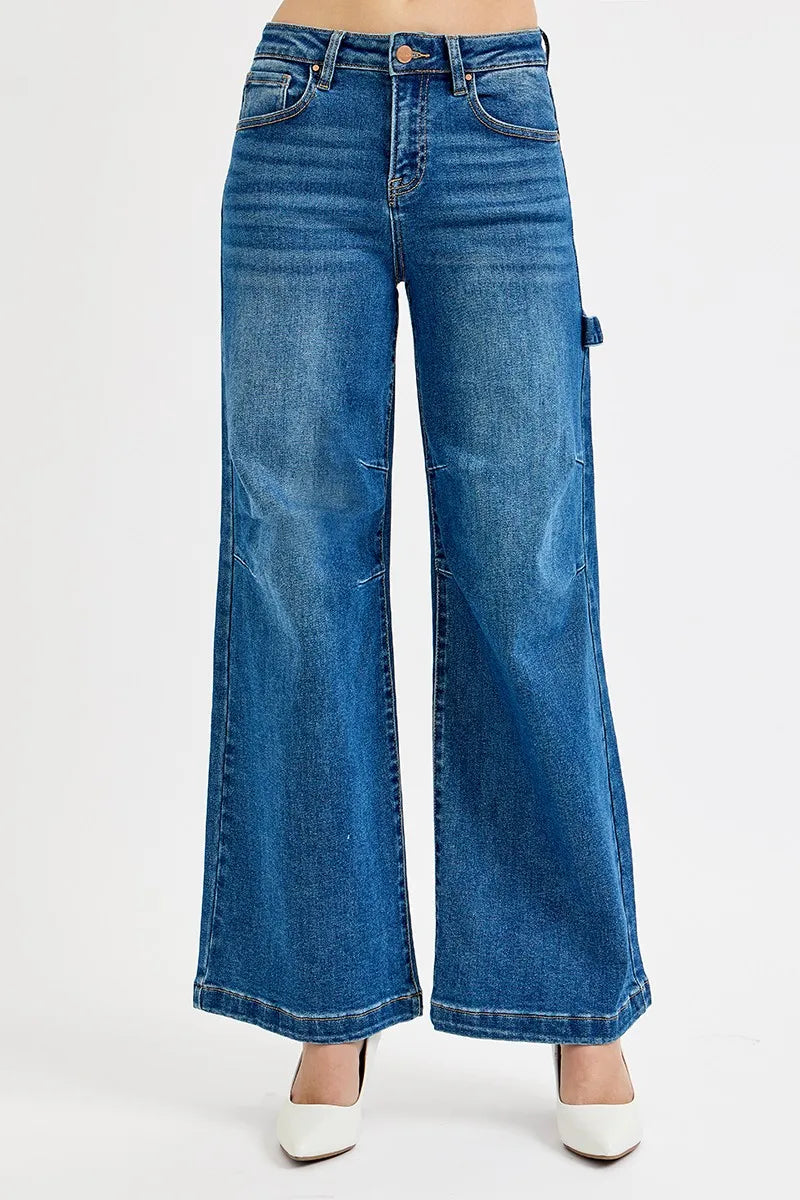 RISEN Full Size High Rise Wide Leg Patch Detailed Jeans Plus Size in DARK - photo