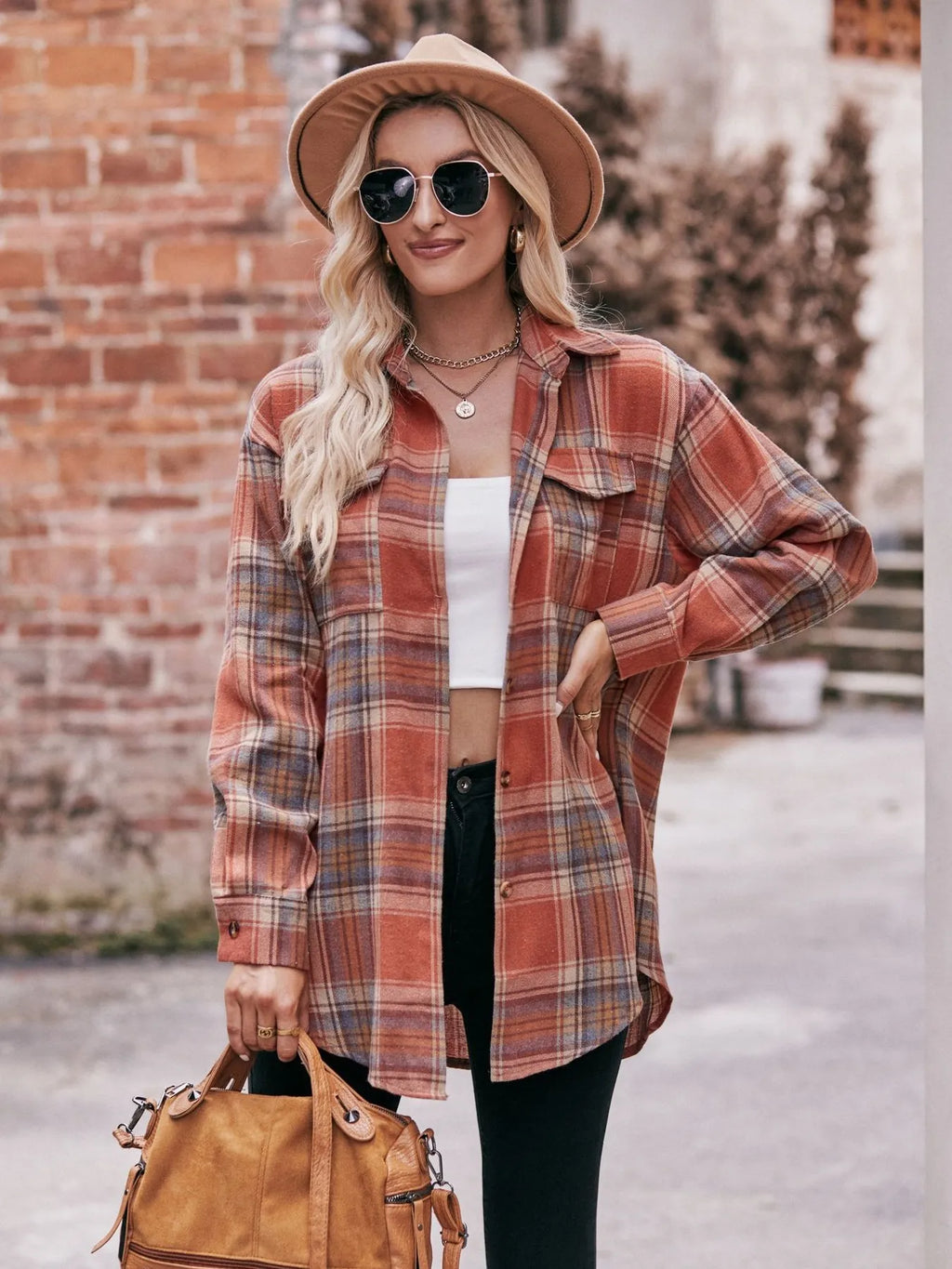 Plaid Button-Down Long Sleeve Shirt in Caramel - photo