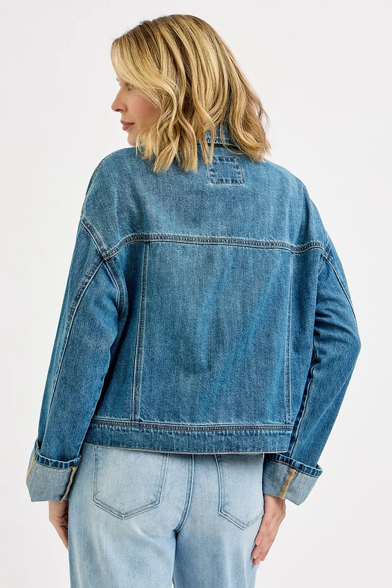RISEN Oversized Cargo Pocket Denim Jacket with Cuffed Sleeves in - photo