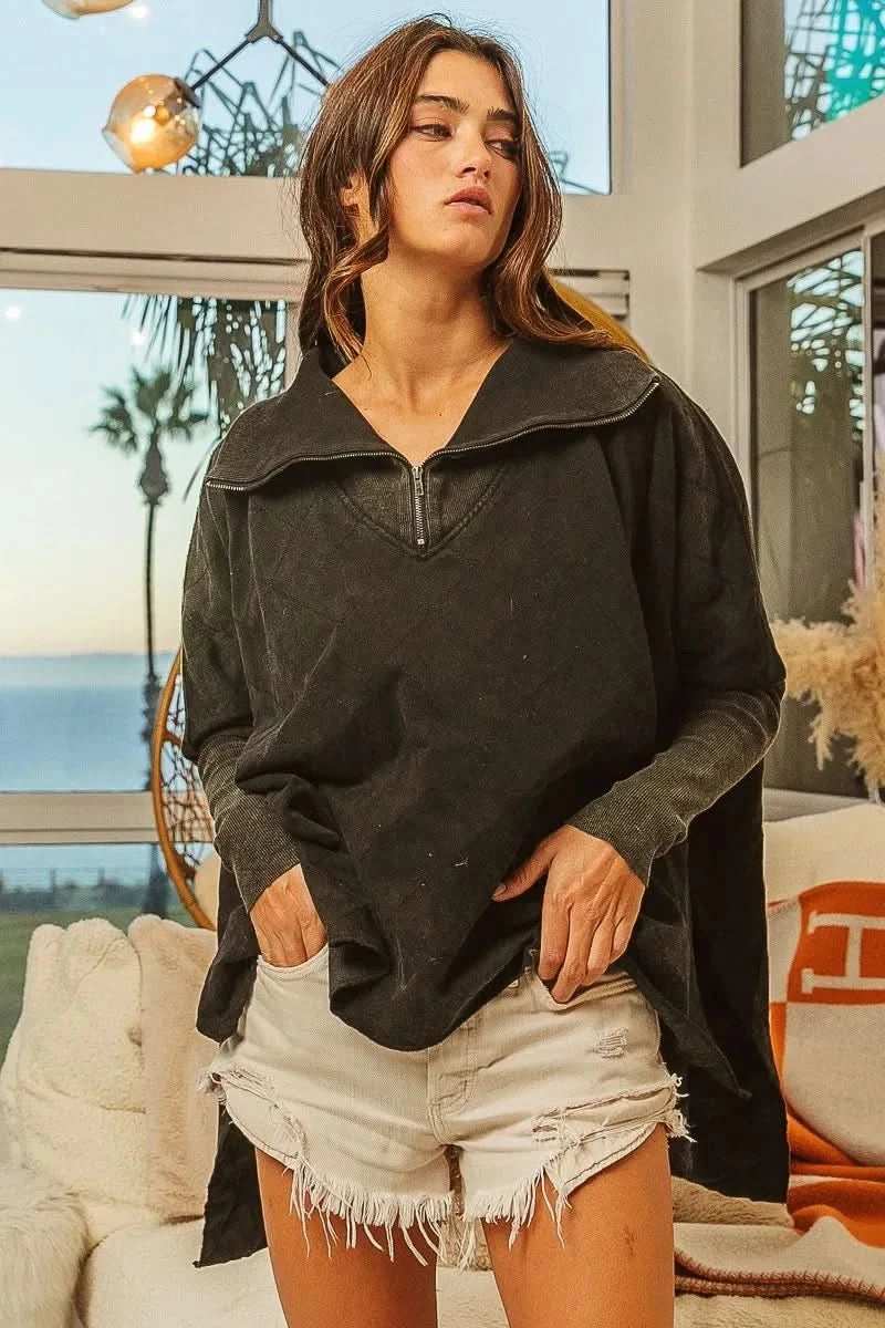 BiBi Vintage Washed Quilted Half Zip Top - SwagglyLife Home & Fashion BiBi Vintage Washed Quilted Half Zip Top - SwagglyLife Home & Fashion