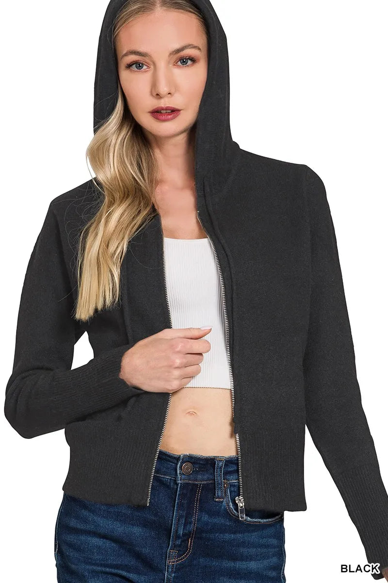 Zenana Drawstring Zip Up Hooded Cardigan in - photo