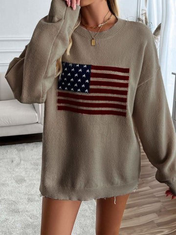Devine US Flag Round Neck Long Sleeve Knit Top - SwagglyLife Home & Fashion Devine US Flag Round Neck Long Sleeve Knit Top - SwagglyLife Home & Fashion