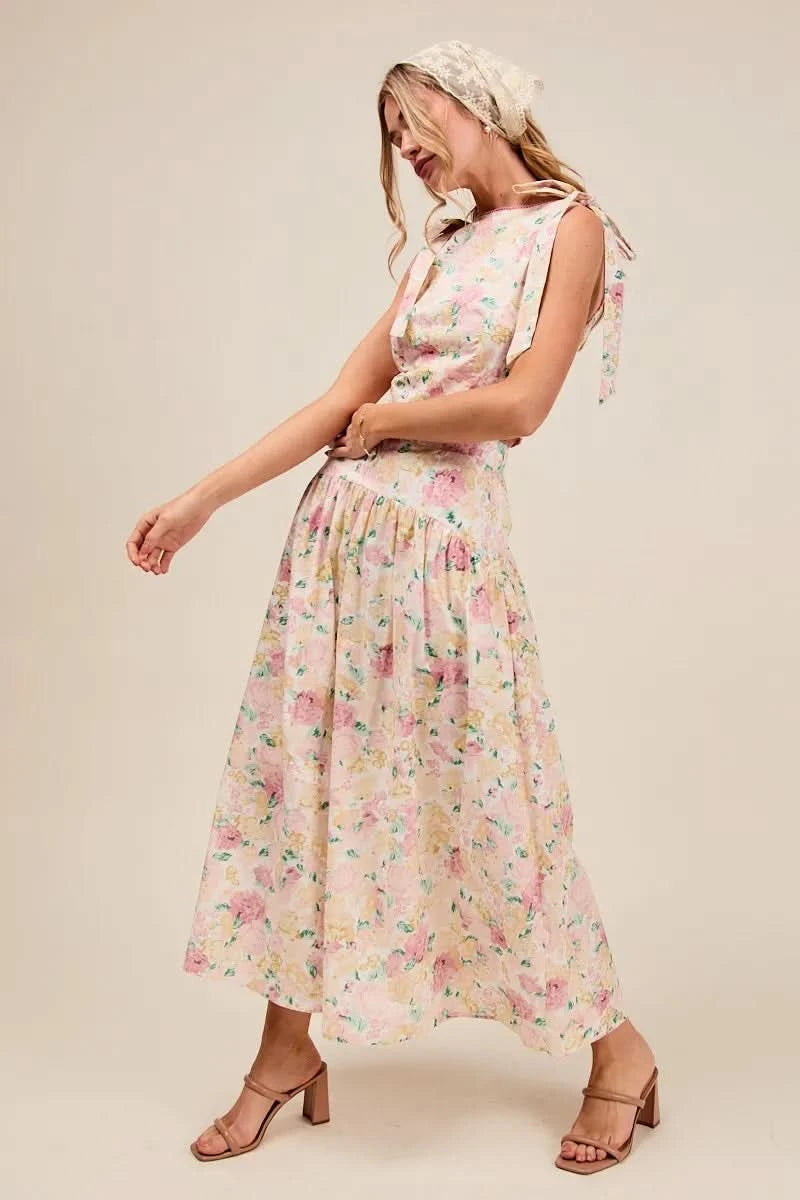 SO ME Floral Printed Woven Shoulder Bow Tie Top and Skirt Set in - photo