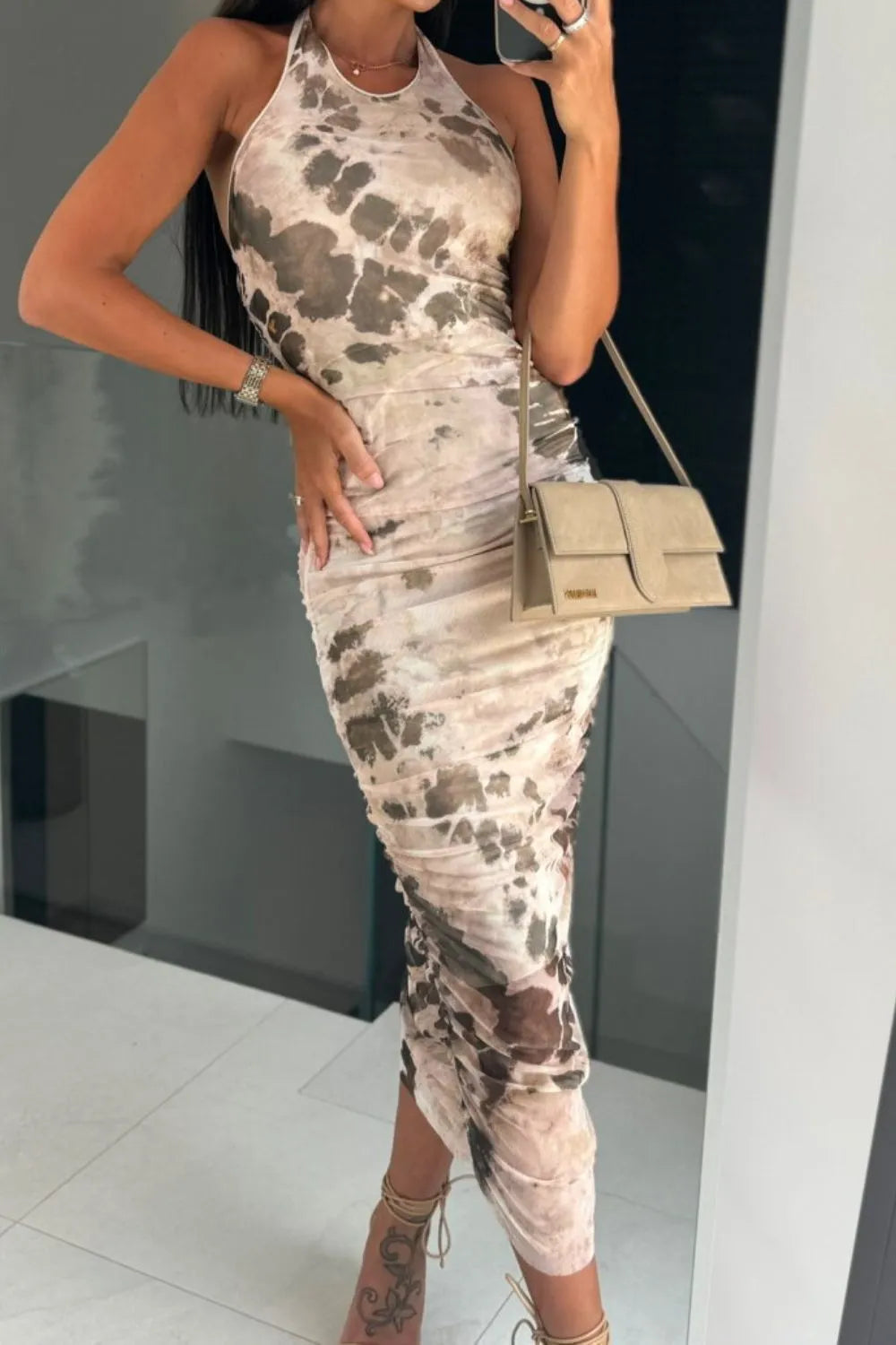 Backless Printed Halter Neck Dress in Tan - photo