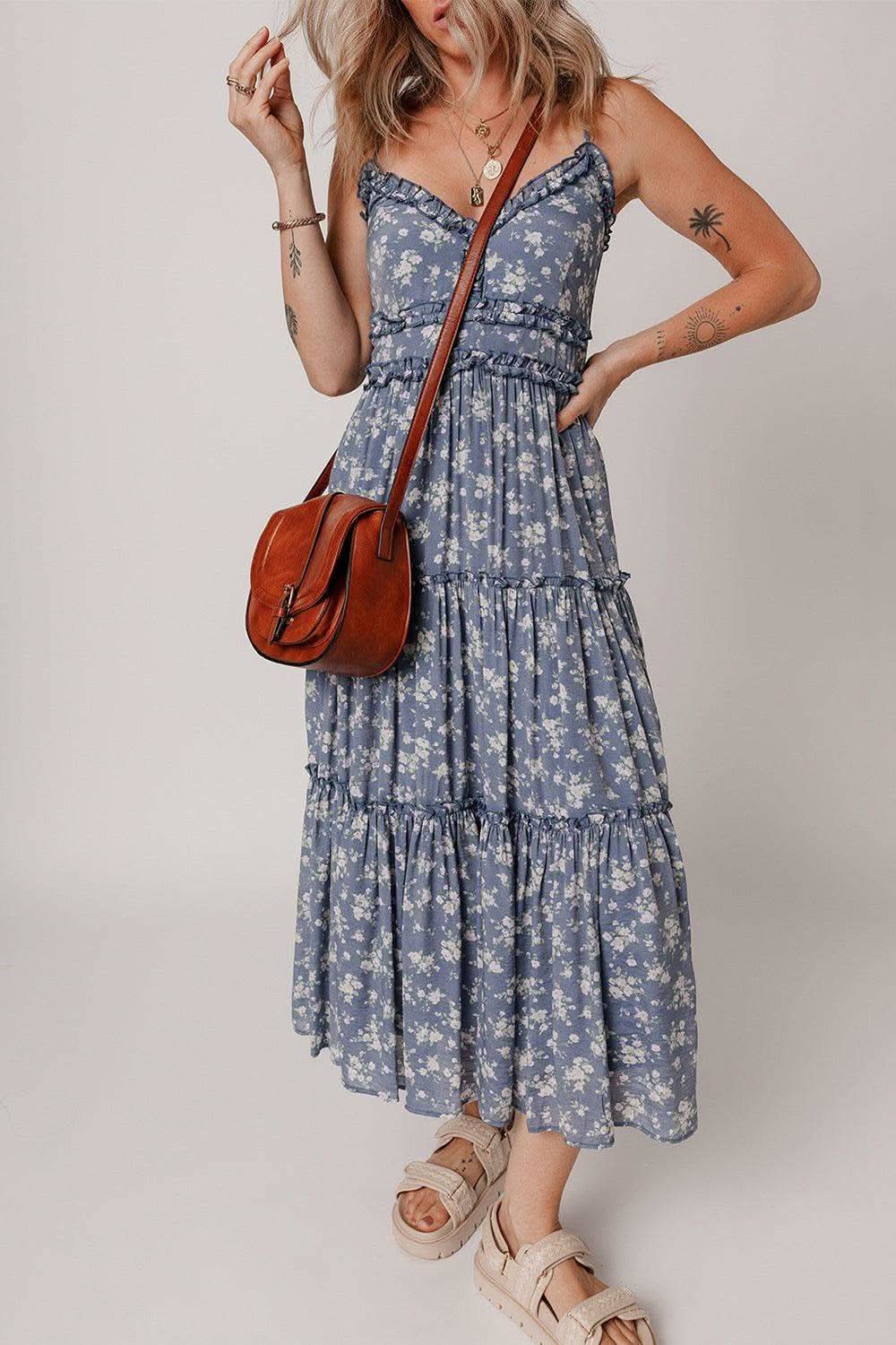 Floral Spaghetti Strap Frilled V Neck Tiered Midi Dress in - photo