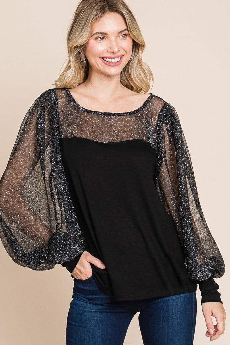 Super Lady Full Size Metallic Mesh Lantern Sleeve Blouse in Black - photo
