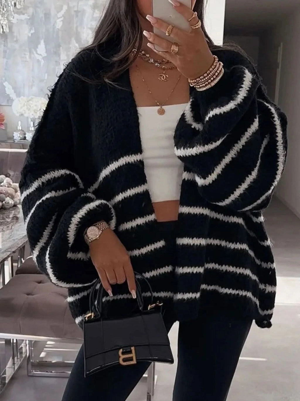 Striped Open Front Dropped Shoulder Cardigan in - photo
