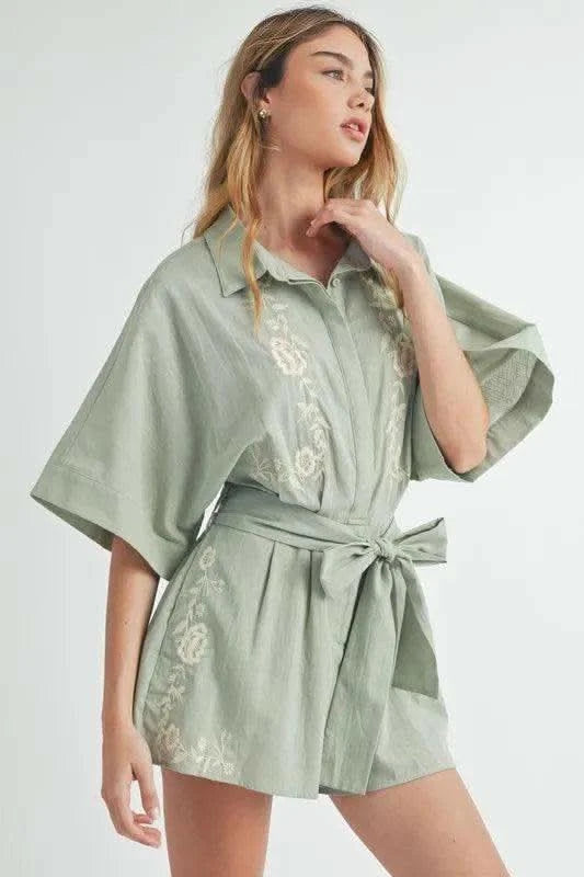 MABLE Embroidered Button Down Collared Neck Romper in - photo