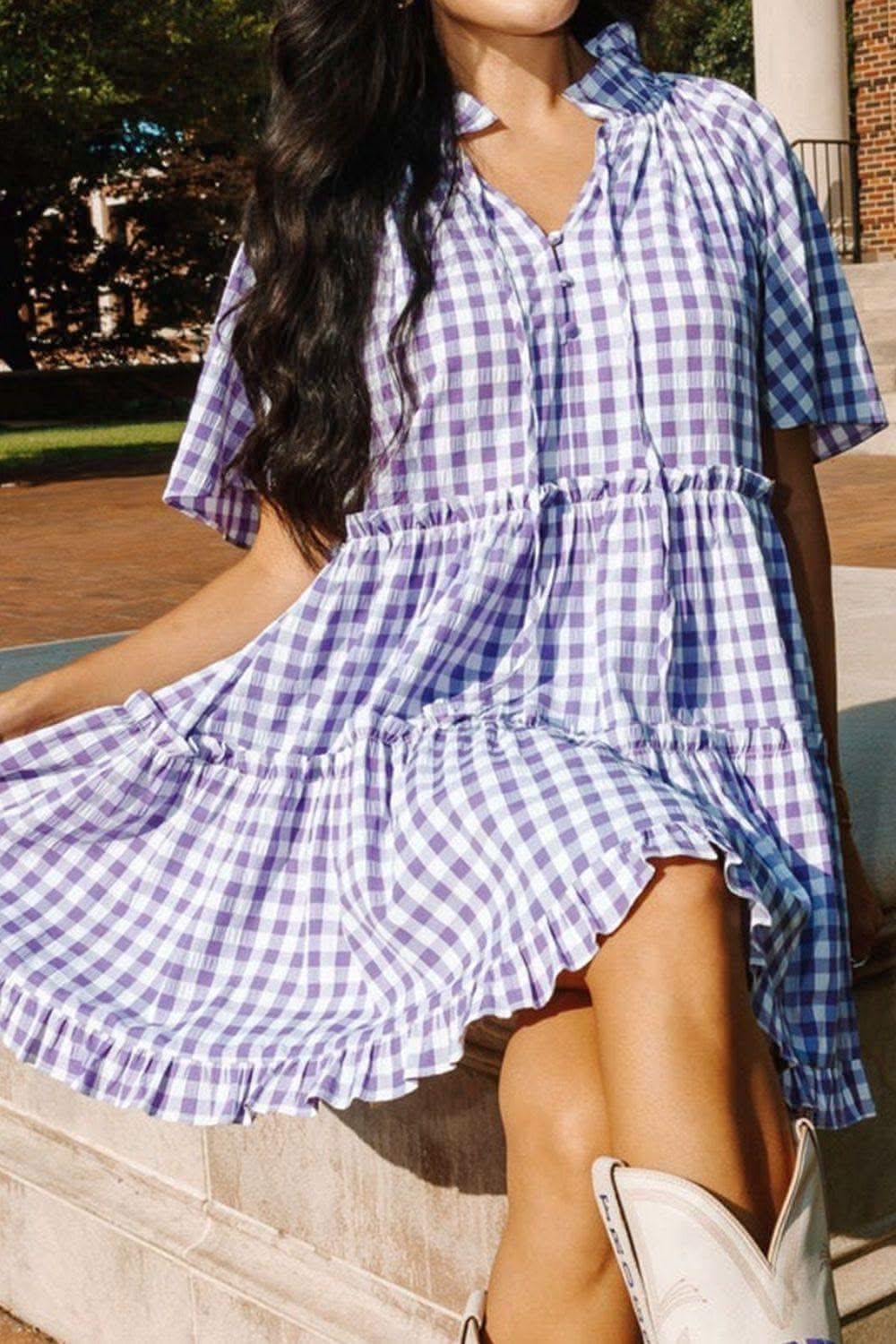 Plaid Tie Neck Short Sleeve Babydoll Mini Dress - SwagglyLife Home & Fashion