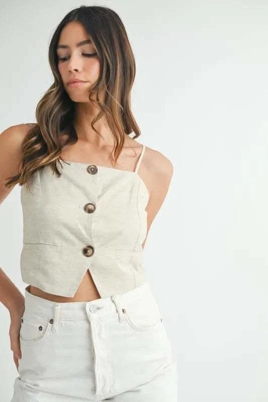 MABLE Linen Mix Button Down Tank Top - SwagglyLife Home & Fashion