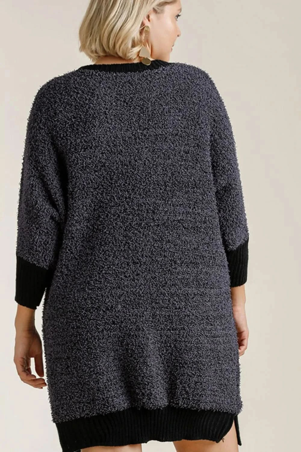 Umgee Full Size Ribbed Hem Round Neck 3/4 Sleeve Sweater Dress with Pockets Plus Size in - photo