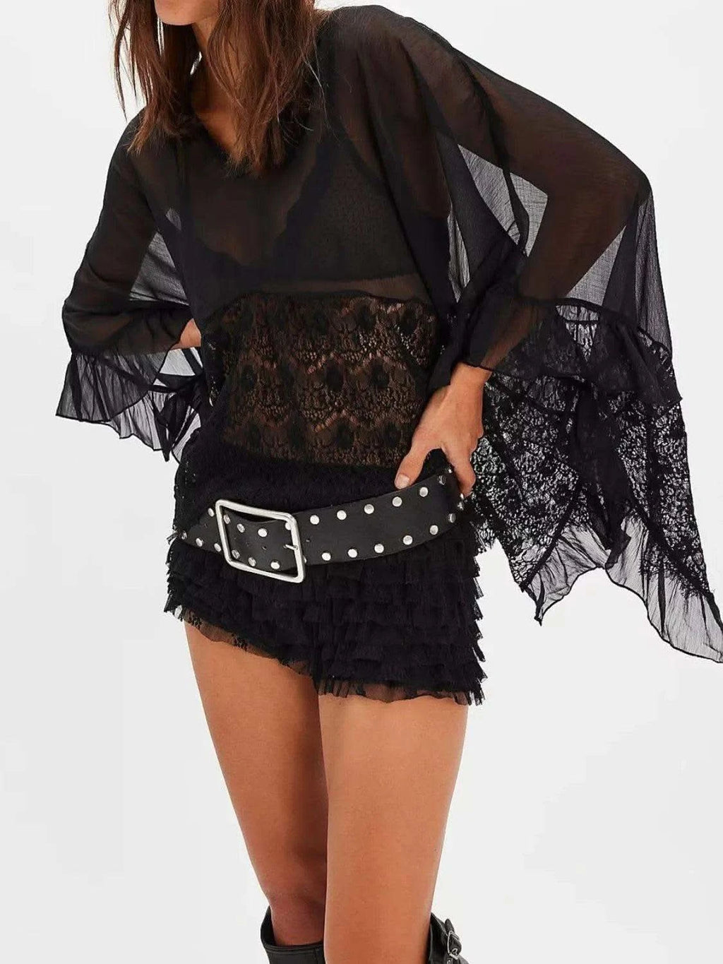 Lace V-Neck Ruffle Long Sleeve Cover-Up - SwagglyLife Home & Fashion