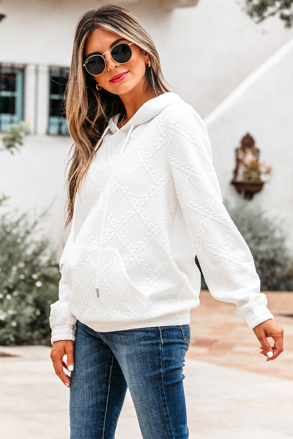 Magnolia Cable Lattice Texture Kangaroo Pocket Hoodie in - Tops/Sweatshirts & Hoodies photo