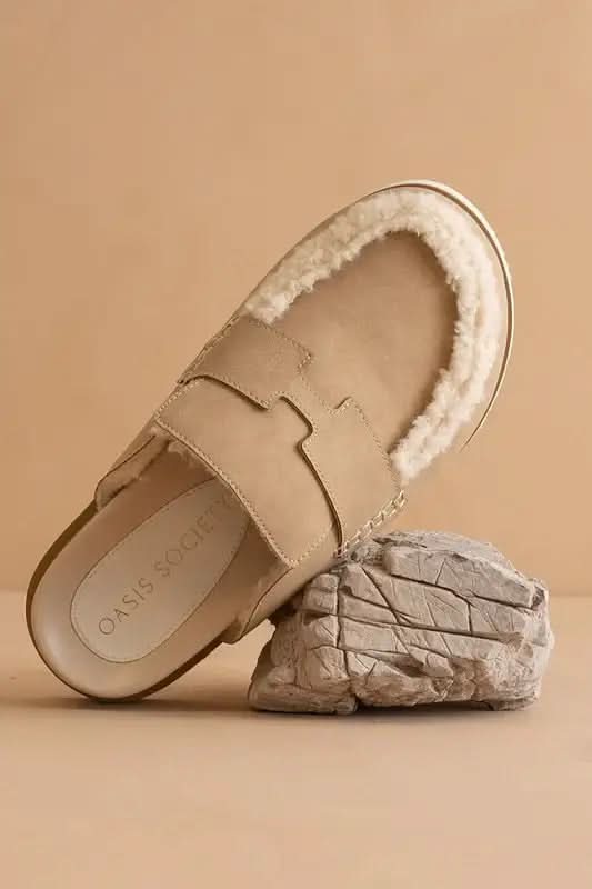 Oasis Society Avalon Suede Shearling Loafer Mule in KHAKI - photo