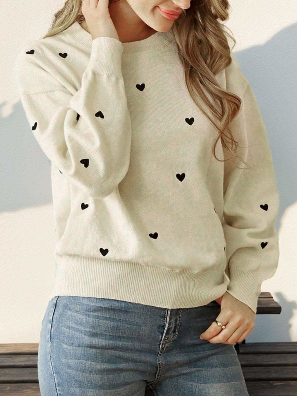 Perfee Heart Round Neck Long Sleeve Knit Top in Cream - tops photo