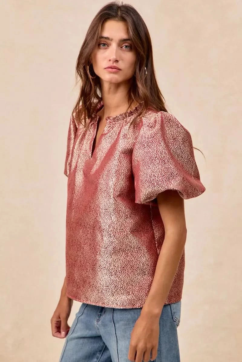 BiBi Jacquard Woven Short Balloon Sleeves V Neck Top in - photo