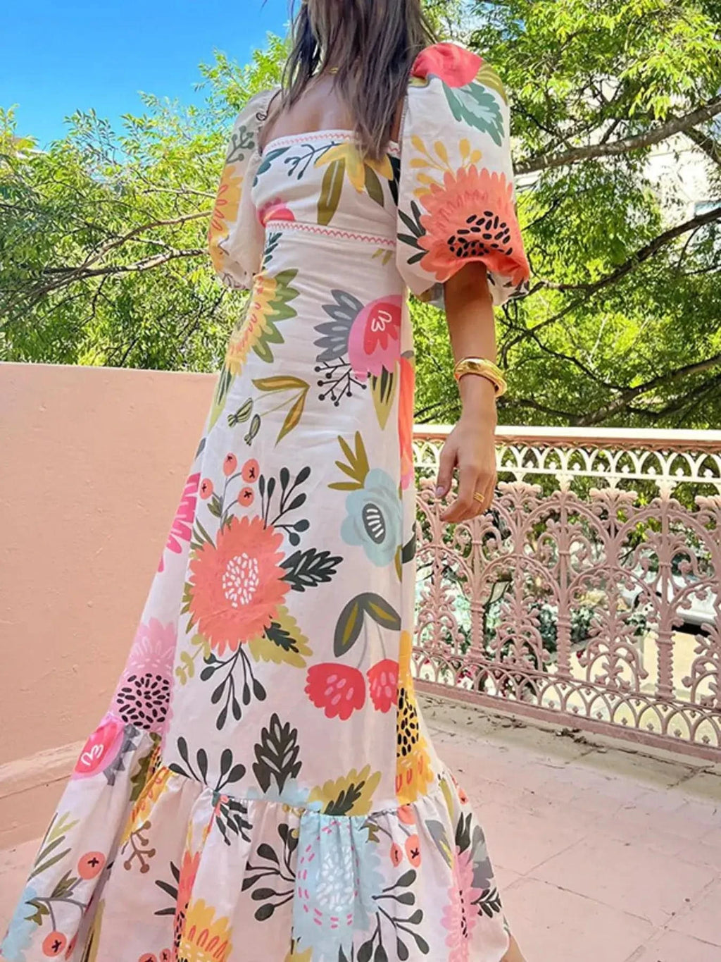 Floral Square Neck Puff Sleeve Maxi Dress with Ruffle Hem in - photo