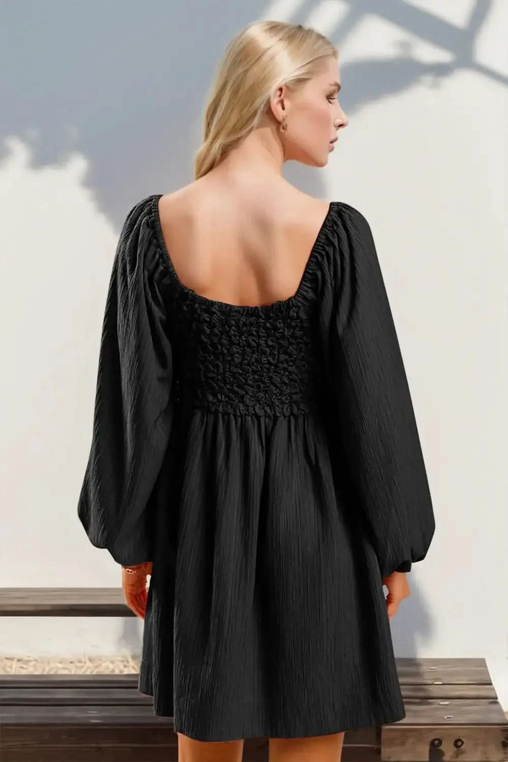 Double Take Texture Smocked Balloon Sleeve Mini Dress in - photo