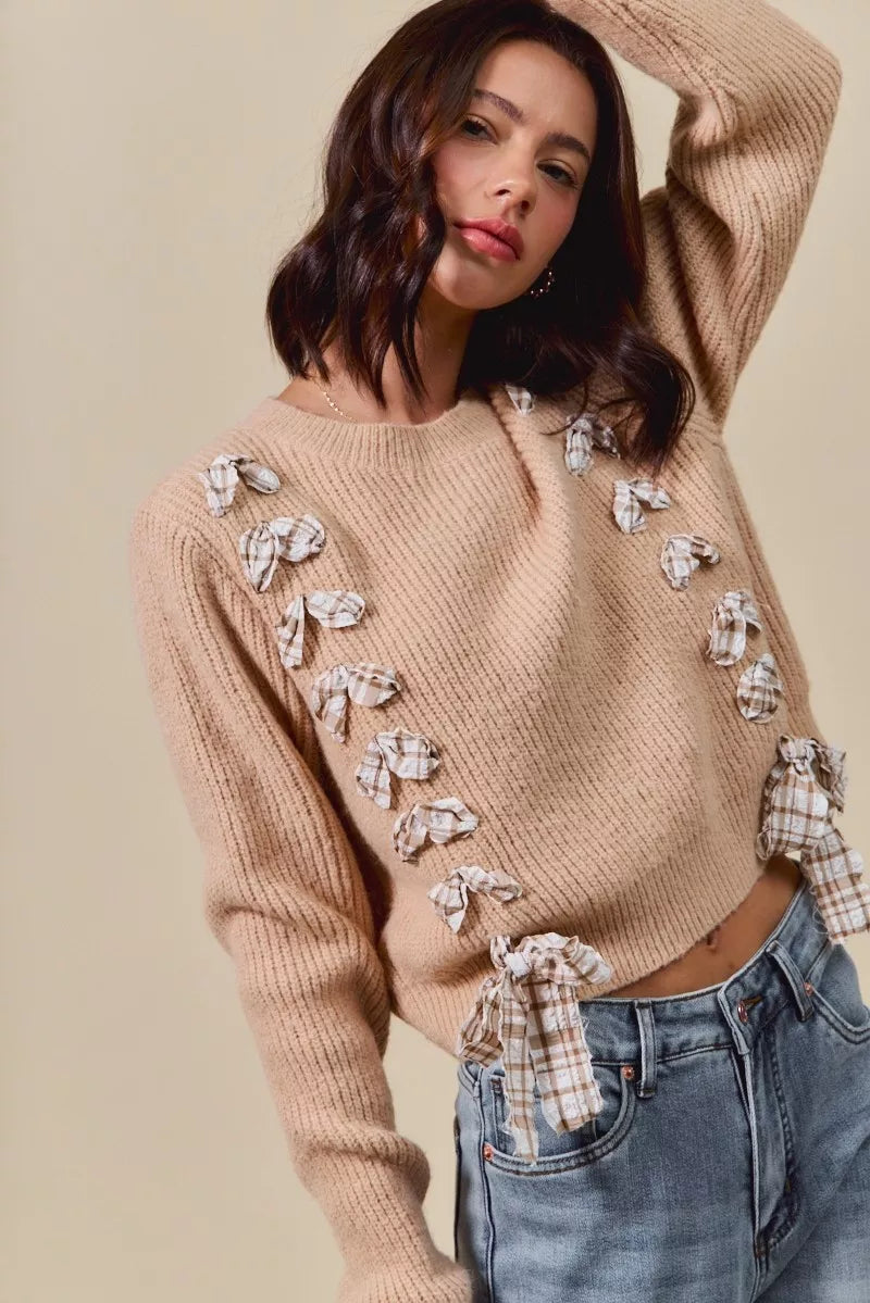 SO ME Checkered Plaid Tape Lace Up Ribbed Sweater in - photo