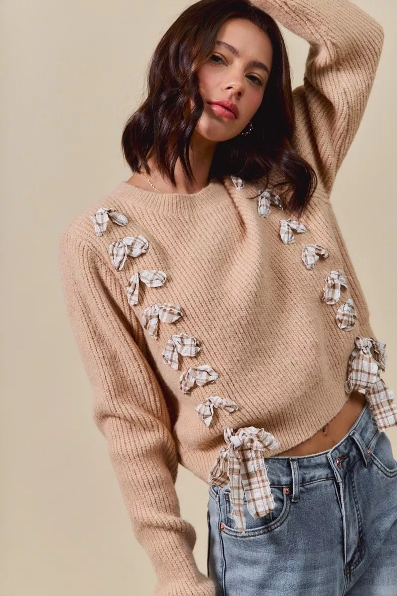 SO ME Checkered Plaid Tape Lace Up Ribbed Sweater - SwagglyLife Home & Fashion