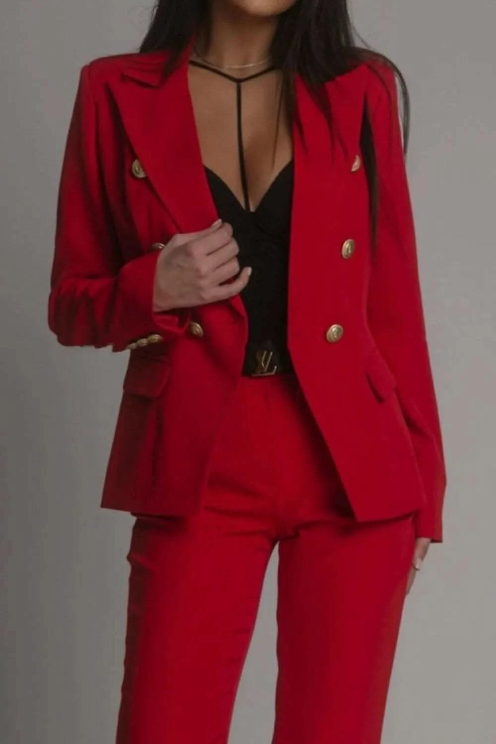 Full Size Lapel Collar Long Sleeve Blazer and Pants Set Plus Size in Deep Red - photo