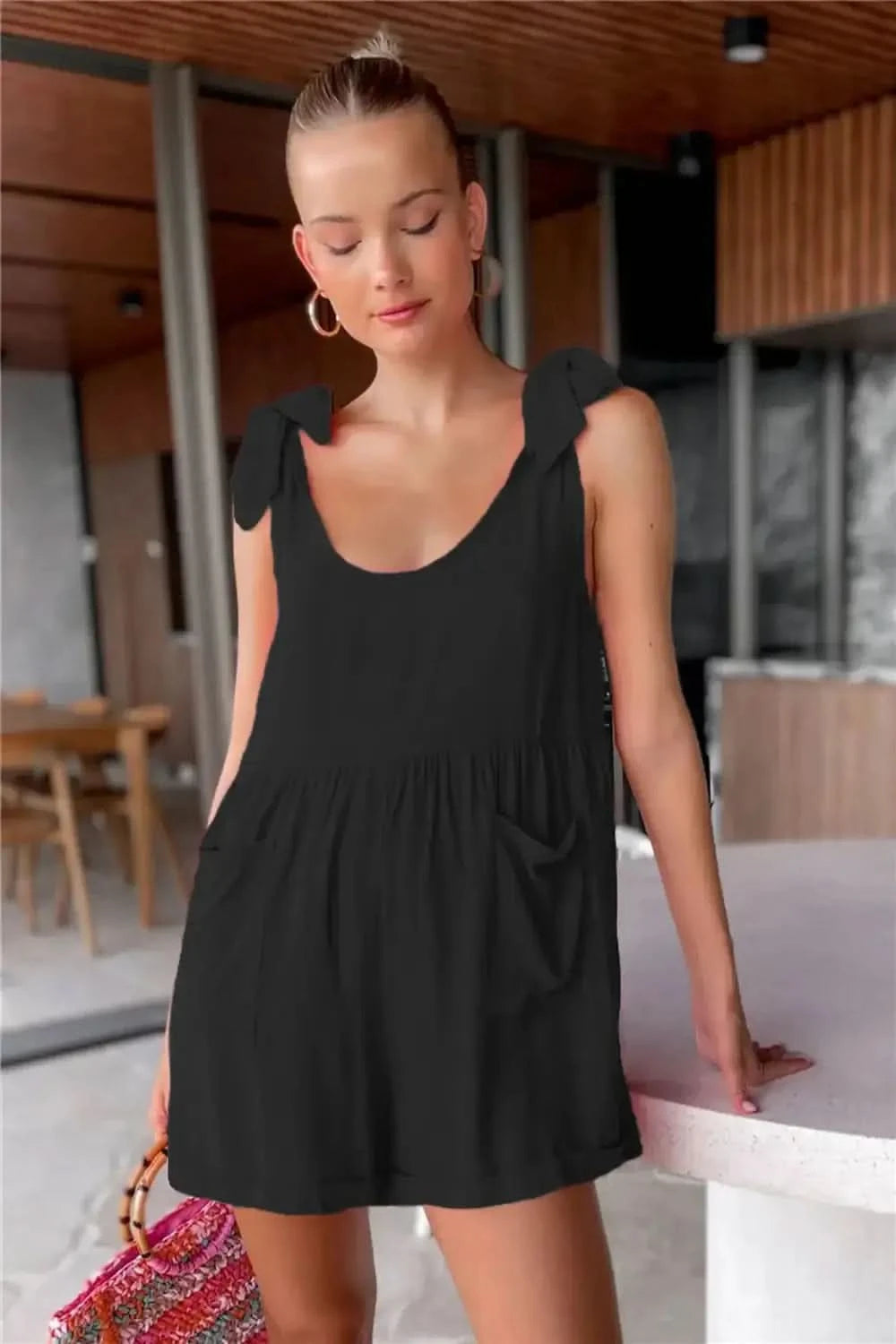 Full Size Scoop Neck Tie Shoulder Romper in Black - photo