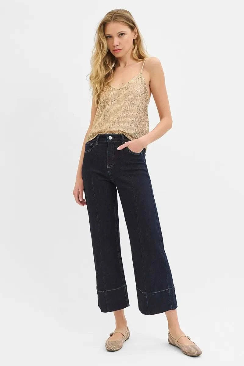 RISEN Tummy Control High Rise Crop Wide Seam Detailed Jeans in - photo