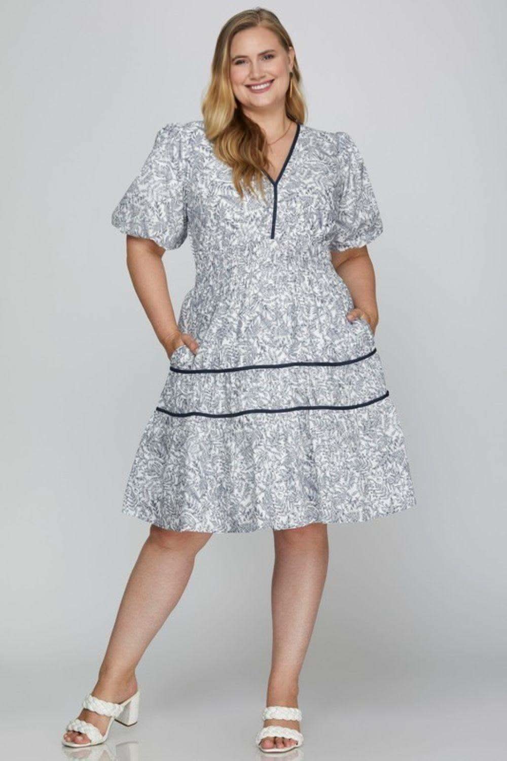 She + Sky Full Size Printed V-Neck Puff Sleeve Tiered Dress Plus Size in - photo