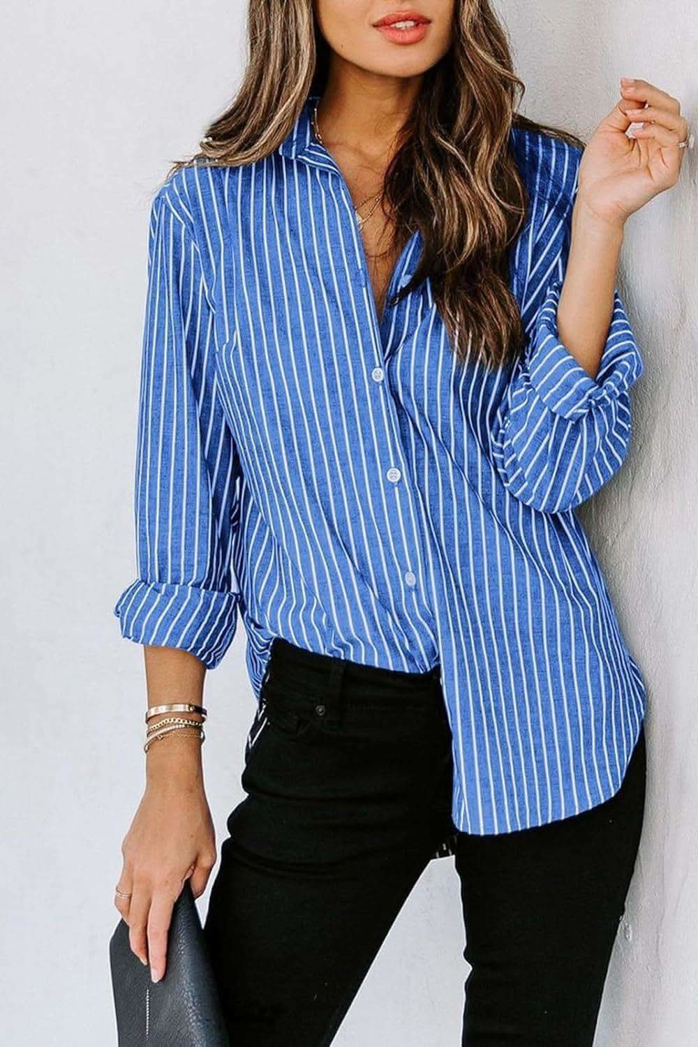 Striped Button Up Long Sleeve Shirt - SwagglyLife Home & Fashion