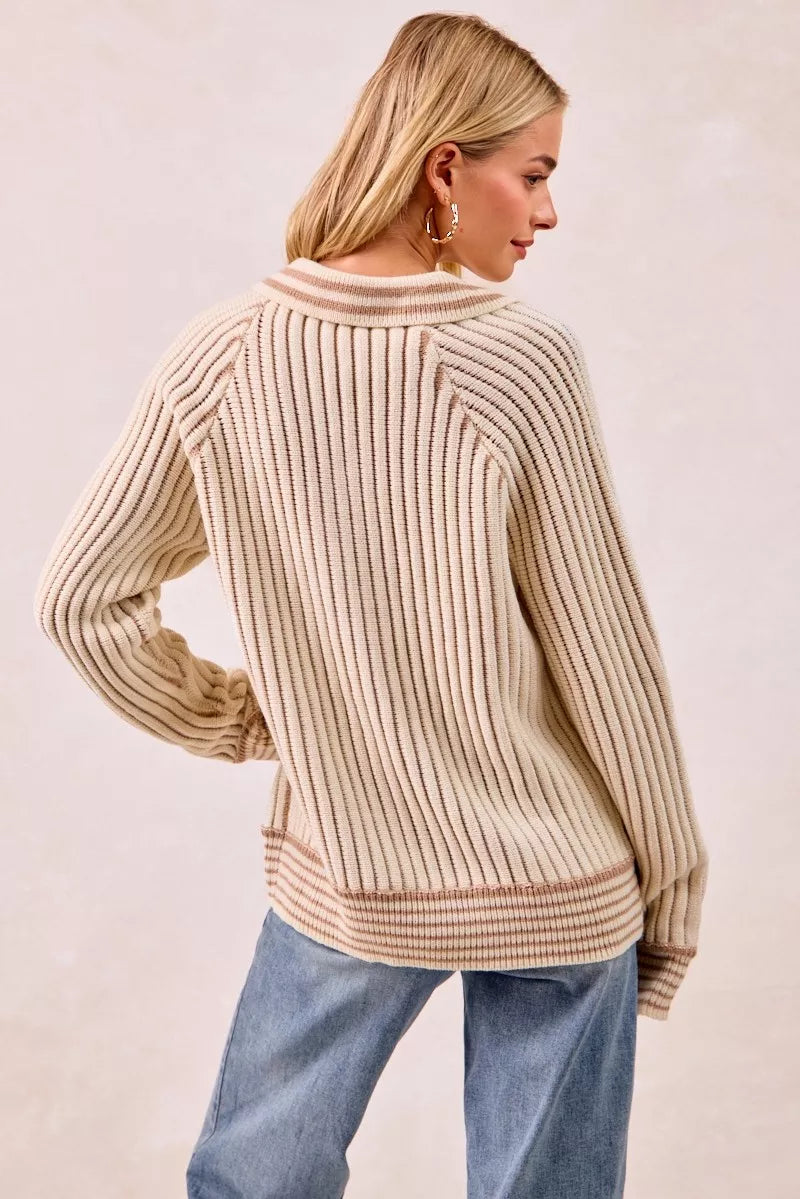 BiBi Half Button Ribbed Two Tone Sweater - SwagglyLife Home & Fashion