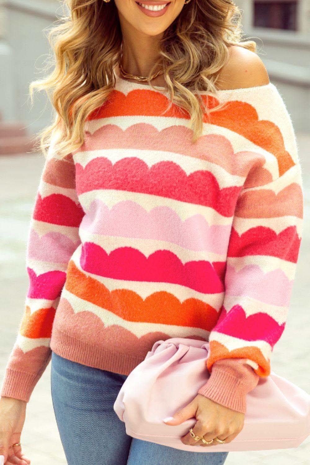 Contrast Boat Neck Long Sleeve Sweater in - Sweaters photo